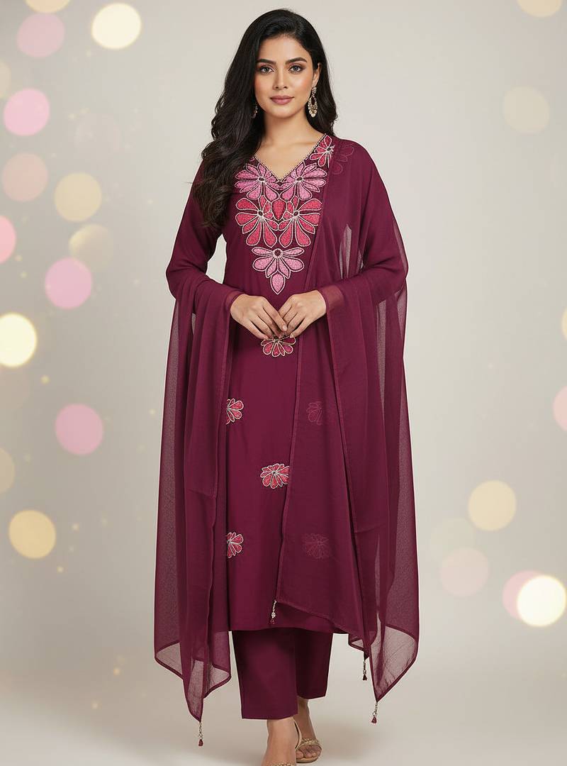 Maroon floral printed cotton stitched kurta set with palazzo & dupatta for women
