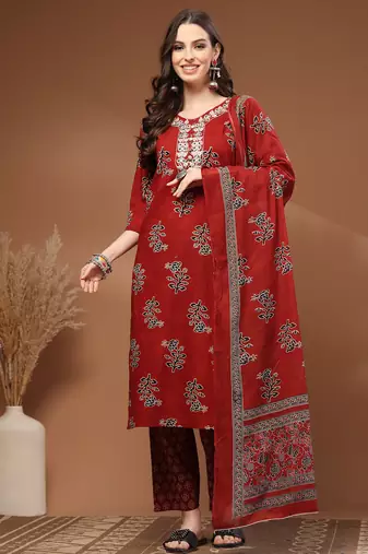 Red floral printed cotton stitched kurta set with palazzo & dupatta for women