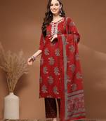 Red floral printed cotton stitched kurta set with palazzo & dupatta for women