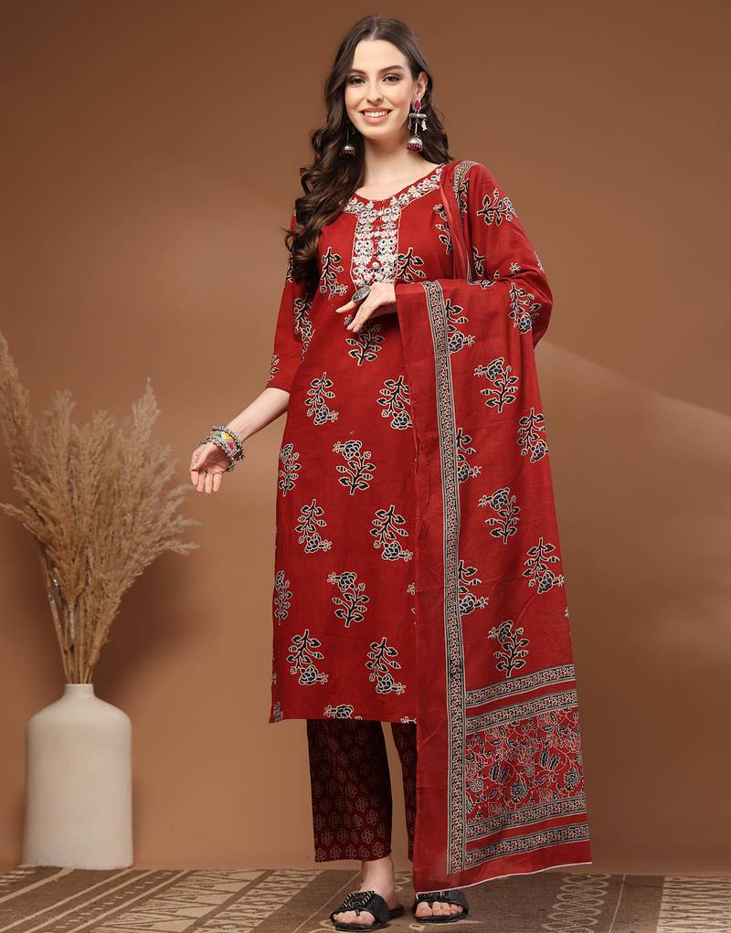 Red floral printed cotton stitched kurta set with palazzo & dupatta for women