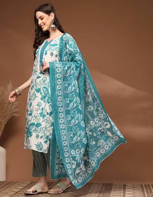 Off white floral printed cotton stitched kurta set with palazzo & dupatta for women 3