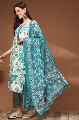Off white floral printed cotton stitched kurta set with palazzo & dupatta for women