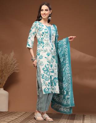 Off white floral printed cotton stitched kurta set with palazzo & dupatta for women 4