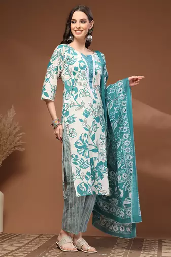 Off white floral printed cotton stitched kurta set with palazzo & dupatta for women