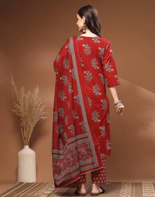 Red floral printed cotton stitched kurta set with palazzo & dupatta for women 2