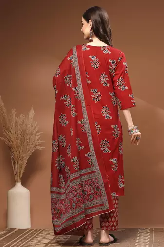 Red floral printed cotton stitched kurta set with palazzo & dupatta for women