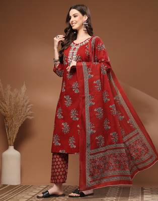 Red floral printed cotton stitched kurta set with palazzo & dupatta for women 3