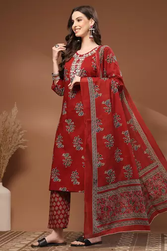Red floral printed cotton stitched kurta set with palazzo & dupatta for women
