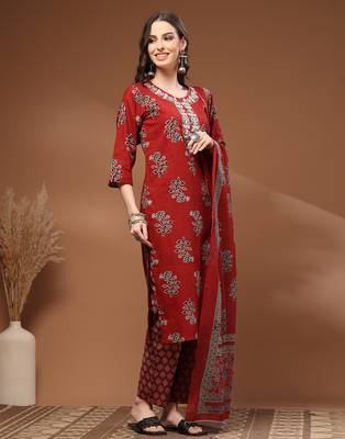 Red floral printed cotton stitched kurta set with palazzo & dupatta for women 4