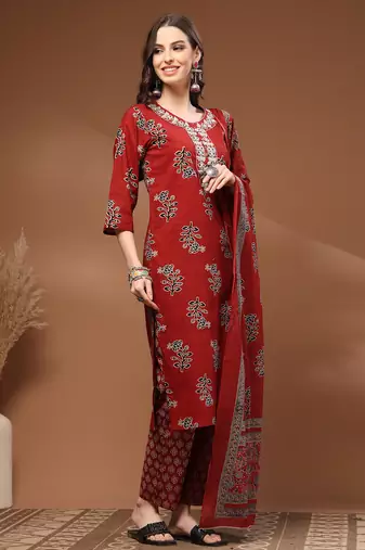 Red floral printed cotton stitched kurta set with palazzo & dupatta for women