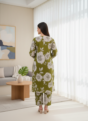 Olive floral printed cotton stitched co-ord set for women 2