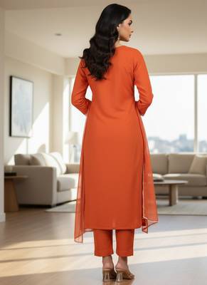 Orange floral printed cotton stitched kurta set with palazzo & dupatta for women 2