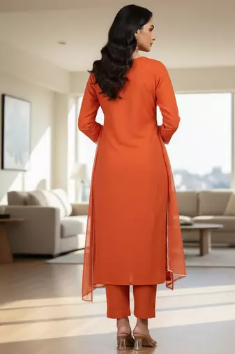 Orange floral printed cotton stitched kurta set with palazzo & dupatta for women