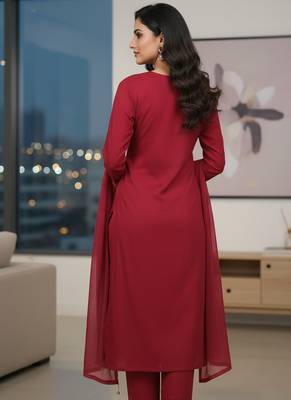 Maroon floral printed cotton stitched kurta set with palazzo & dupatta for women 2