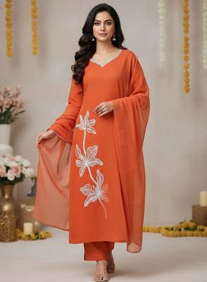Orange floral printed cotton stitched kurta set with palazzo & dupatta for women 3
