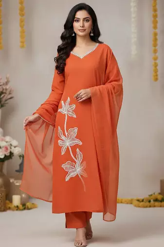Orange floral printed cotton stitched kurta set with palazzo & dupatta for women