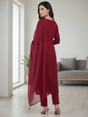 Maroon floral printed cotton stitched kurta set with palazzo & dupatta for women 2