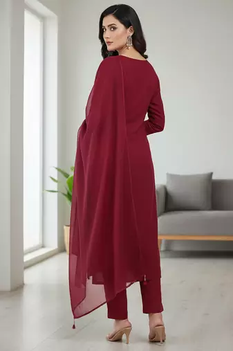 Maroon floral printed cotton stitched kurta set with palazzo & dupatta for women