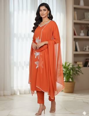 Orange floral printed cotton stitched kurta set with palazzo & dupatta for women 4