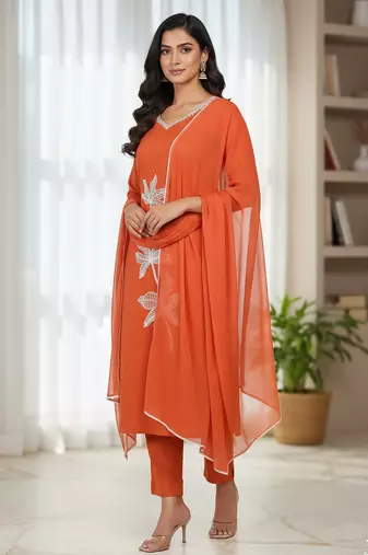 Orange floral printed cotton stitched kurta set with palazzo & dupatta for women