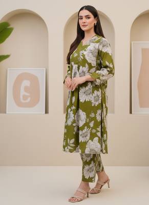 Olive floral printed cotton stitched co-ord set for women 3