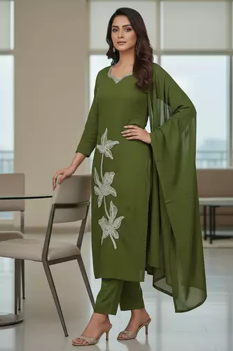 Olive floral printed cotton stitched kurta set with palazzo & dupatta for women