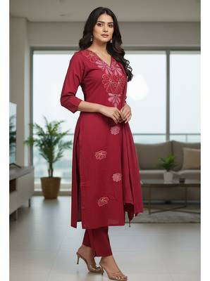 Maroon floral printed cotton stitched kurta set with palazzo & dupatta for women 3