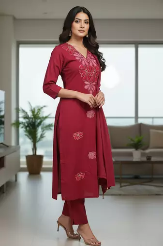 Maroon floral printed cotton stitched kurta set with palazzo & dupatta for women