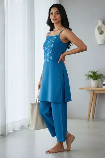 Blue floral printed cotton stitched co-ord set for women