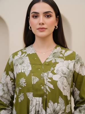 Olive floral printed cotton stitched co-ord set for women 4