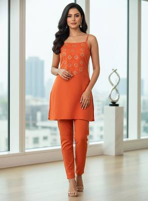 Brown floral printed cotton stitched co-ord set for women 5