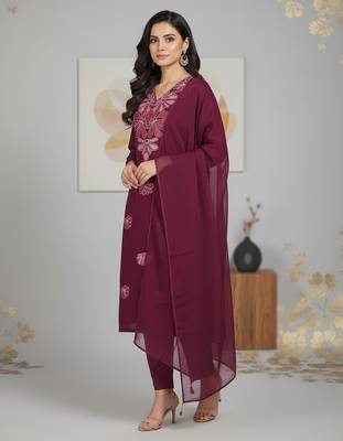 Maroon floral printed cotton stitched kurta set with palazzo & dupatta for women 3
