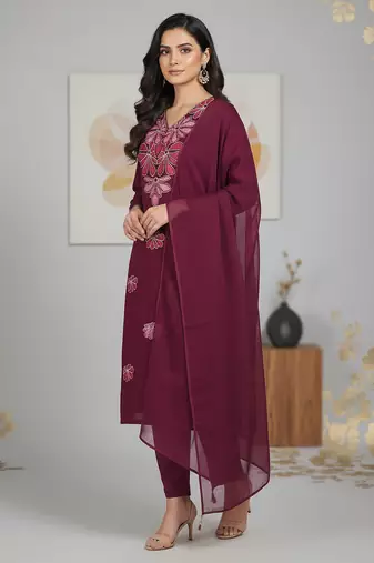 Maroon floral printed cotton stitched kurta set with palazzo & dupatta for women
