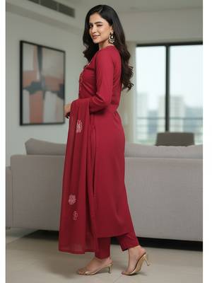 Maroon floral printed cotton stitched kurta set with palazzo & dupatta for women 4