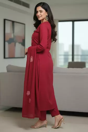 Maroon floral printed cotton stitched kurta set with palazzo & dupatta for women