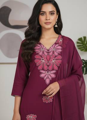 Maroon floral printed cotton stitched kurta set with palazzo & dupatta for women 4