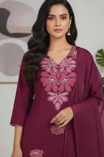 Maroon floral printed cotton stitched kurta set with palazzo & dupatta for women