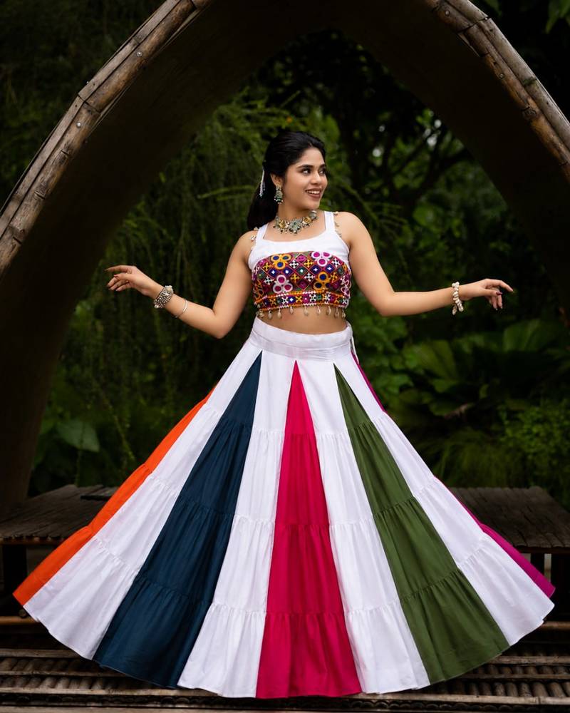 multcolor rayon cotton gamthi  mirror work chaniya choli