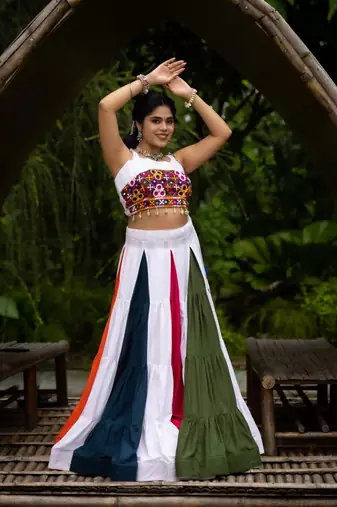 multcolor rayon cotton gamthi  mirror work chaniya choli