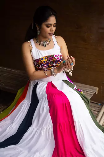 multcolor rayon cotton gamthi  mirror work chaniya choli