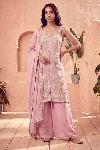 Pink silk blend embroidered sharara set