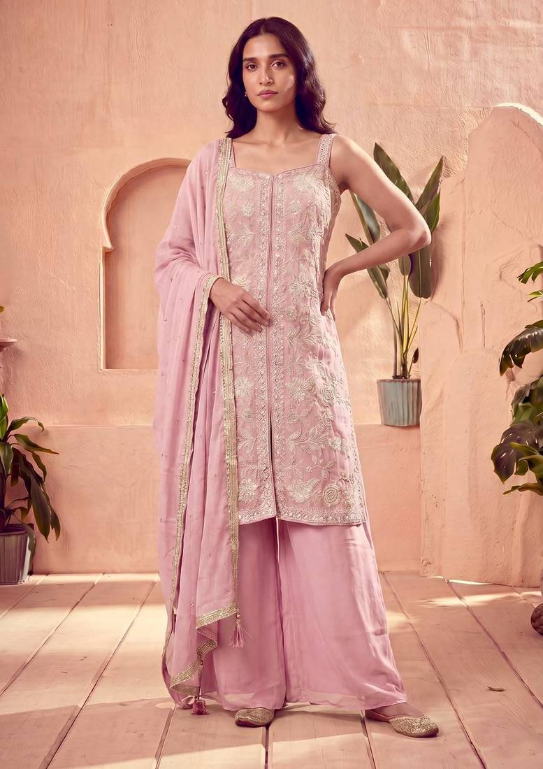 Pink silk blend embroidered sharara set