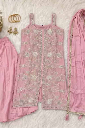 Pink silk blend embroidered sharara set