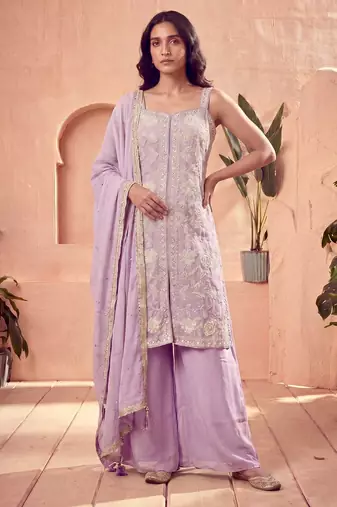 Lavender silk blend embroidered sharara set