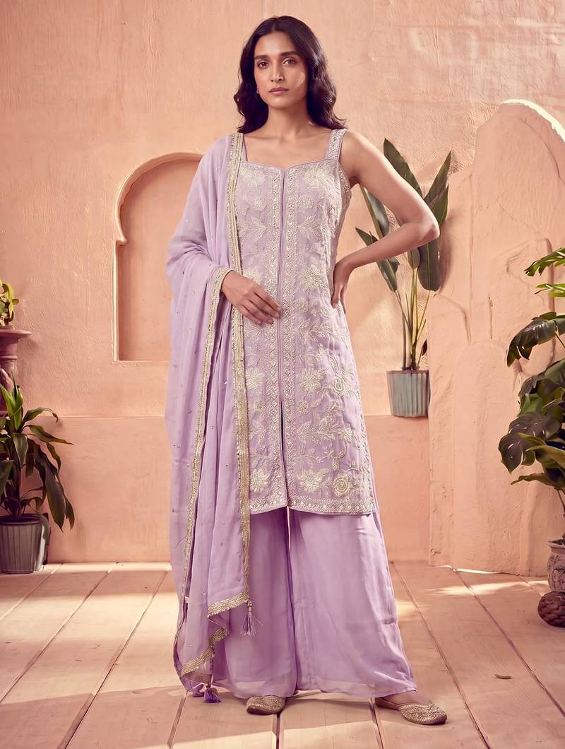 Lavender silk blend embroidered sharara set