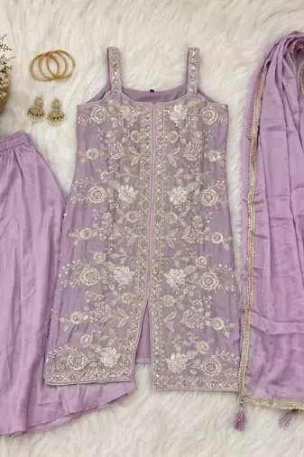 Lavender silk blend embroidered sharara set