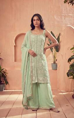 Green silk blend embroidered sharara set 1