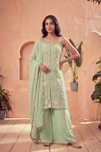 Green silk blend embroidered sharara set