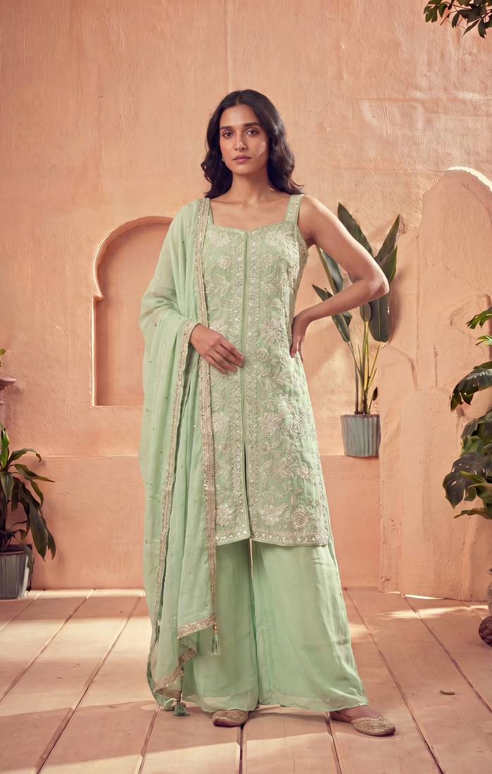 Green silk blend embroidered sharara set