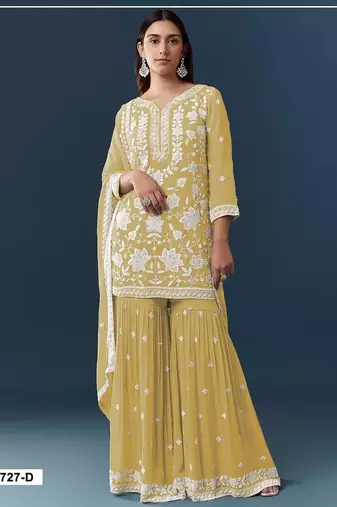 Yellow georgette embroidered sharara set